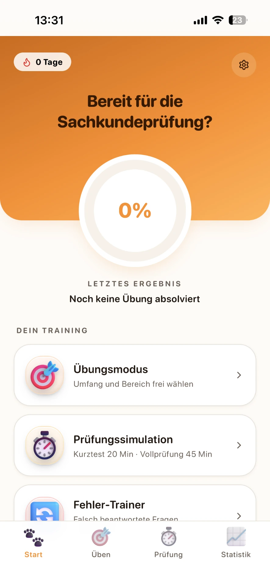 Startansicht der Sachkundehund App mit Übungsmodus, Prüfungssimulation und Fehlertrainer